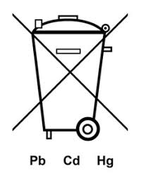 durchgestrichene Mülltonne, darunter in einer Zeile die Zeichen Pb, Cd und Hg